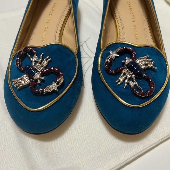 Charlotte Olympia Teal Suede Scorpio Smoking Loafers Size 35 - Picture 4 of 9